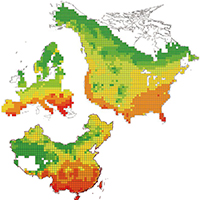 57. Maps of tree species endemism in North America, Europe and China in 100‐km grid cells (detail from Fig. 1)